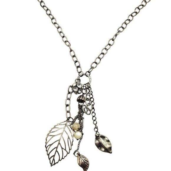 VTG Leaf Charm Y Necklace 28" Silver Tone Rhinestone Accent Fashion 80s‎ Jewelry - Picture 1 of 6